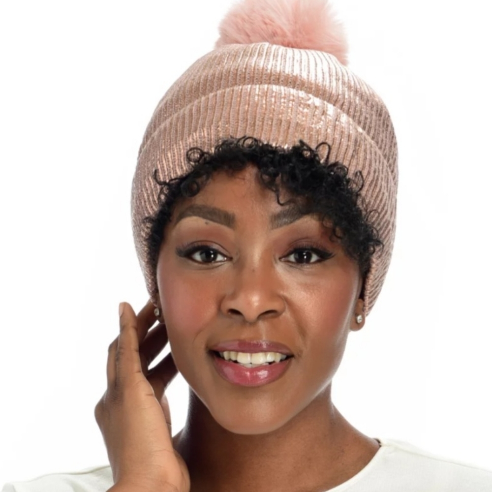 New Muse Royale Knit Metallic Foil Pom Pom Beanie.